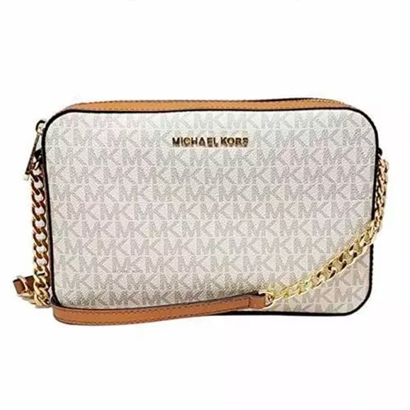 S Michael Kors Jet Set Logo EW Crossbody White 35F8GTTC3B Chain Acorn NWT $328 F - Picture 1 of 8